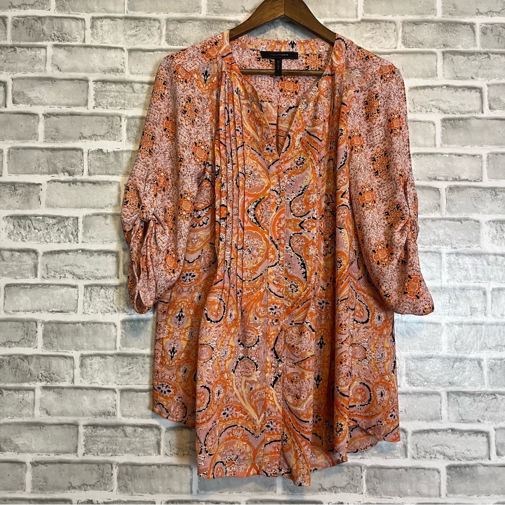BCBGMAXAZRIA Bright Orange Bessie Colorful Lightweight Occasion Floral Blouse L